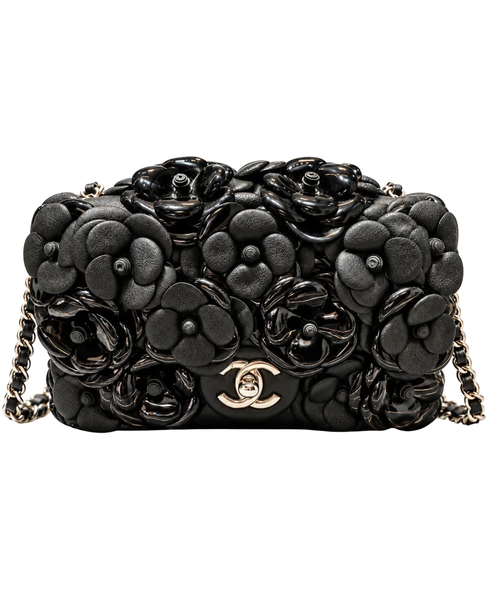 Chanel Camellia Flap Bag — Black lambskin & patent leather, silver hardware