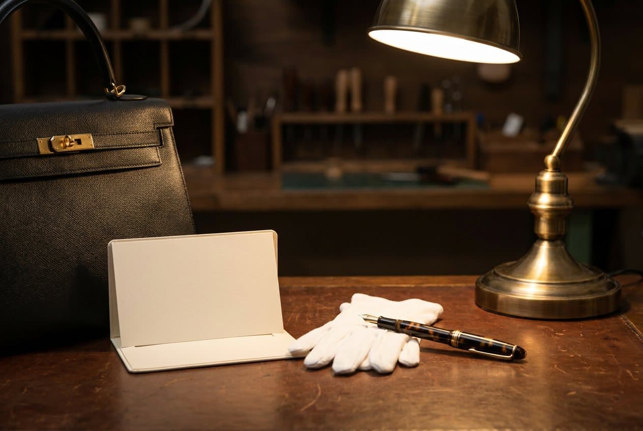 Pièce de luxe et certificat d'authenticité sur le bureau de l'atelier