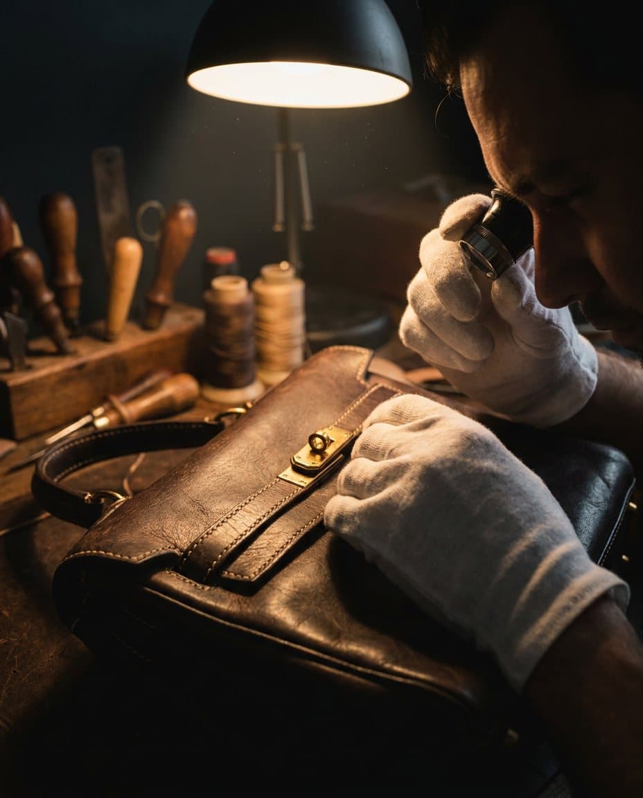 Expert inspecting a bag's stitching with a loupe, white gloves